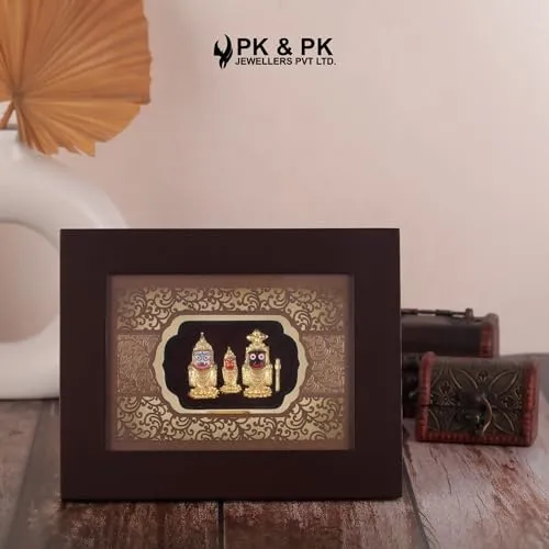 Pk & Pk Jewellers Jagannath Balram Subhadra | 24KT Gold Frame | Solid Carving Collection | Small Size [22x17 cm] (For Premium Gift, Temple, Table Decor, Home Decoration)