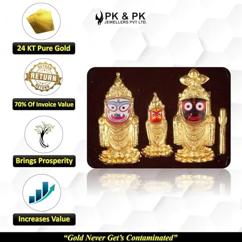 Pk & Pk Jewellers Jagannath Balram Subhadra | 24KT Gold Frame | Solid Carving Collection | Small Size [22x17 cm] (For Premium Gift, Temple, Table Decor, Home Decoration)
