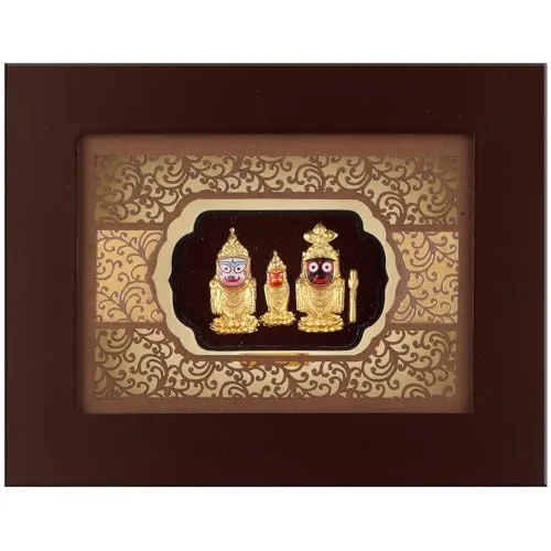 Pk & Pk Jewellers Jagannath Balram Subhadra | 24KT Gold Frame | Solid Carving Collection | Small Size [22x17 cm] (For Premium Gift, Temple, Table Decor, Home Decoration)