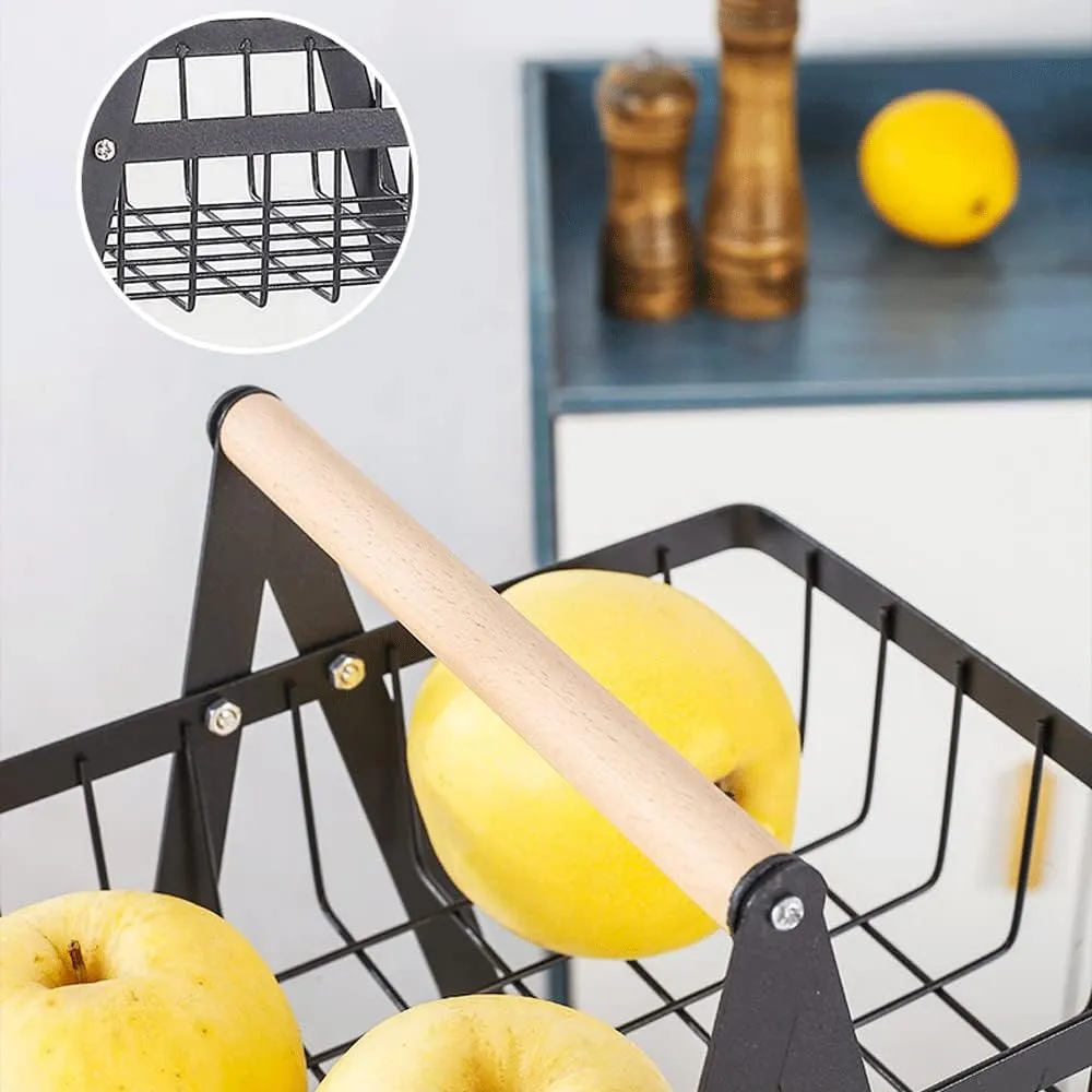 Portable 3-Tier Home Storage Basket Rack With Wooden Handle - Black