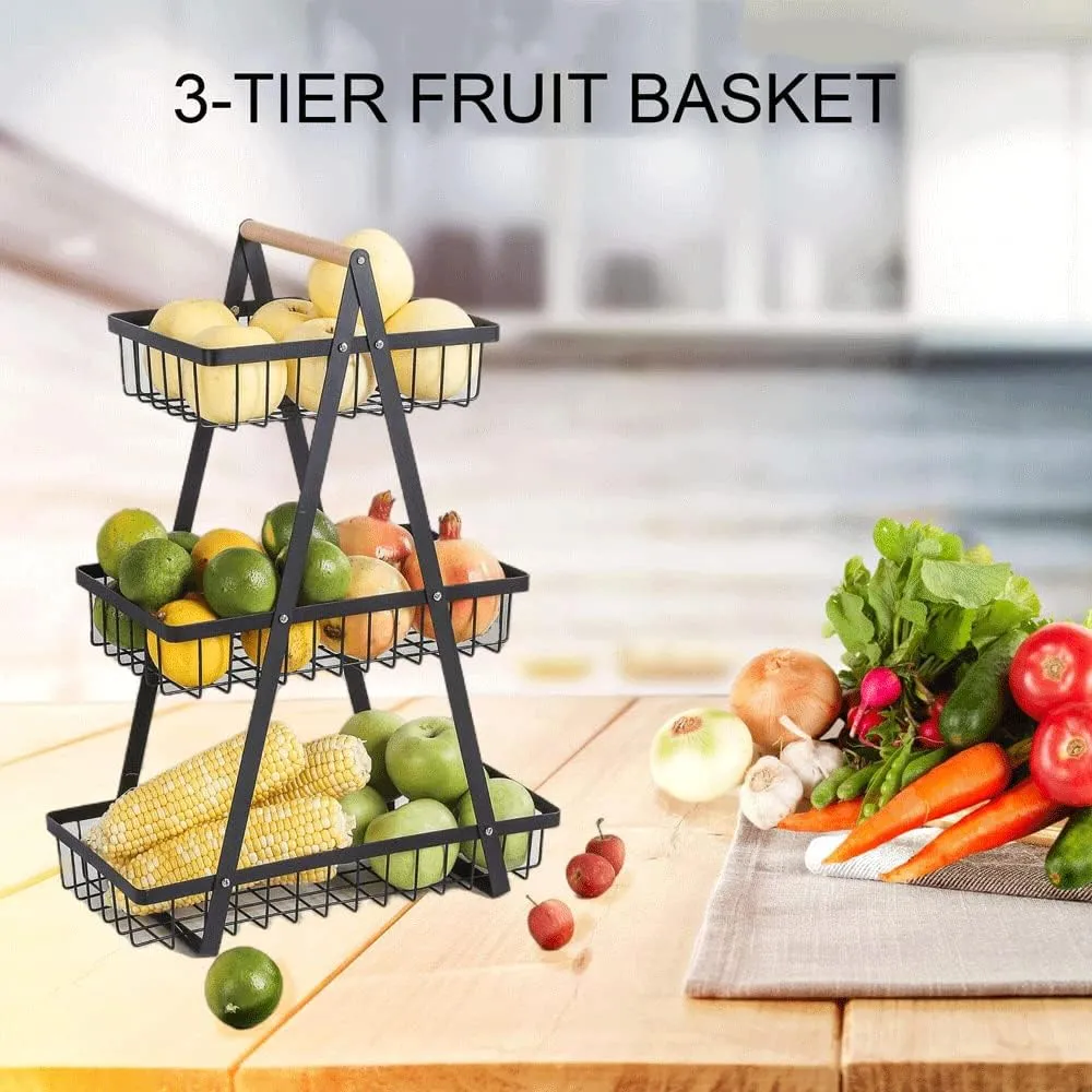 Portable 3-Tier Home Storage Basket Rack With Wooden Handle - Black