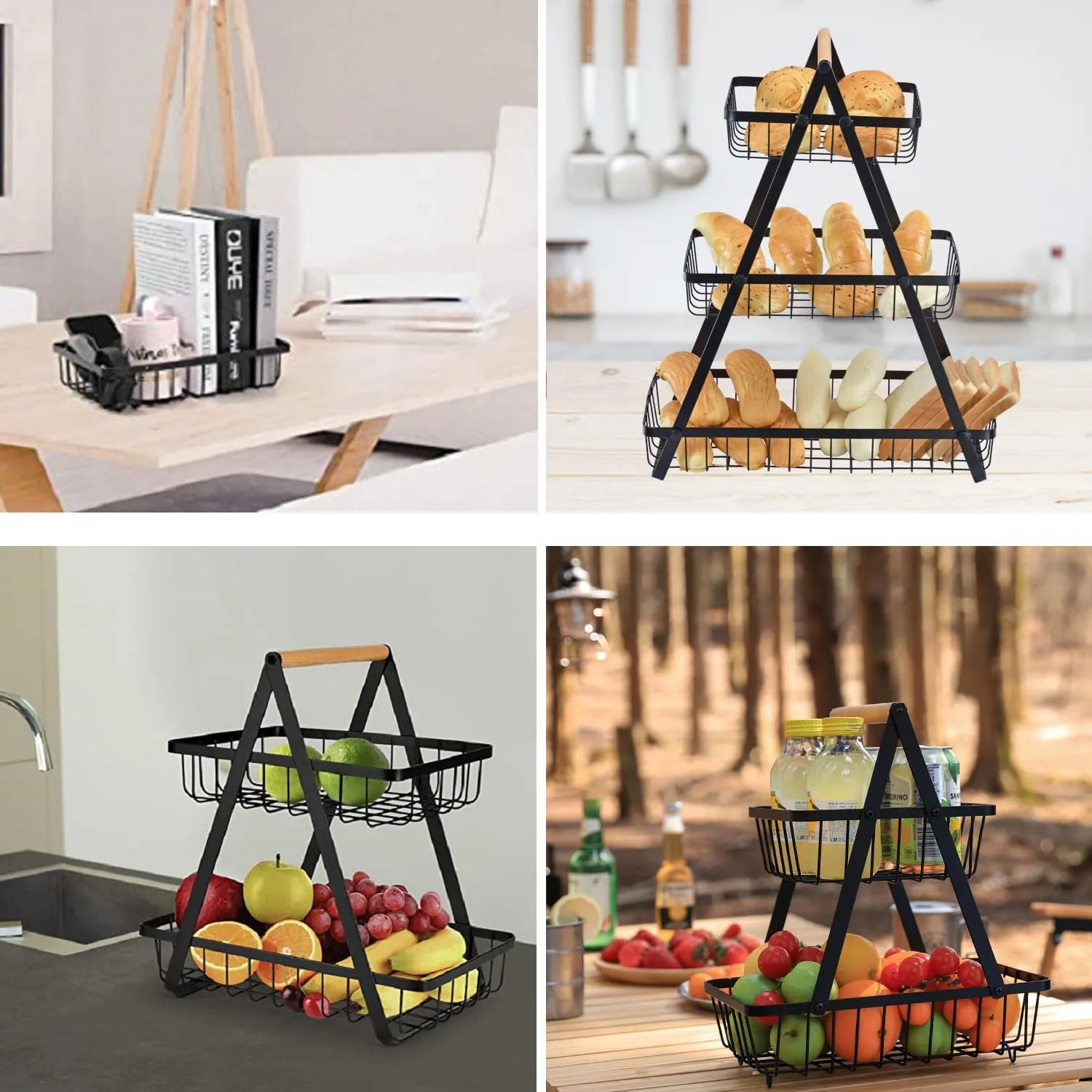 Portable 3-Tier Home Storage Basket Rack With Wooden Handle - Black