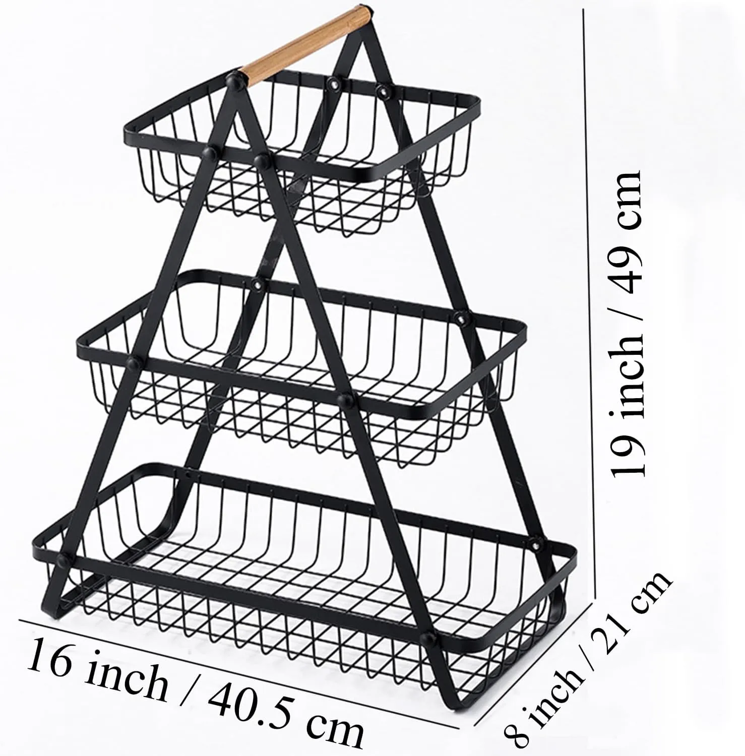 Portable 3-Tier Home Storage Basket Rack With Wooden Handle - Black