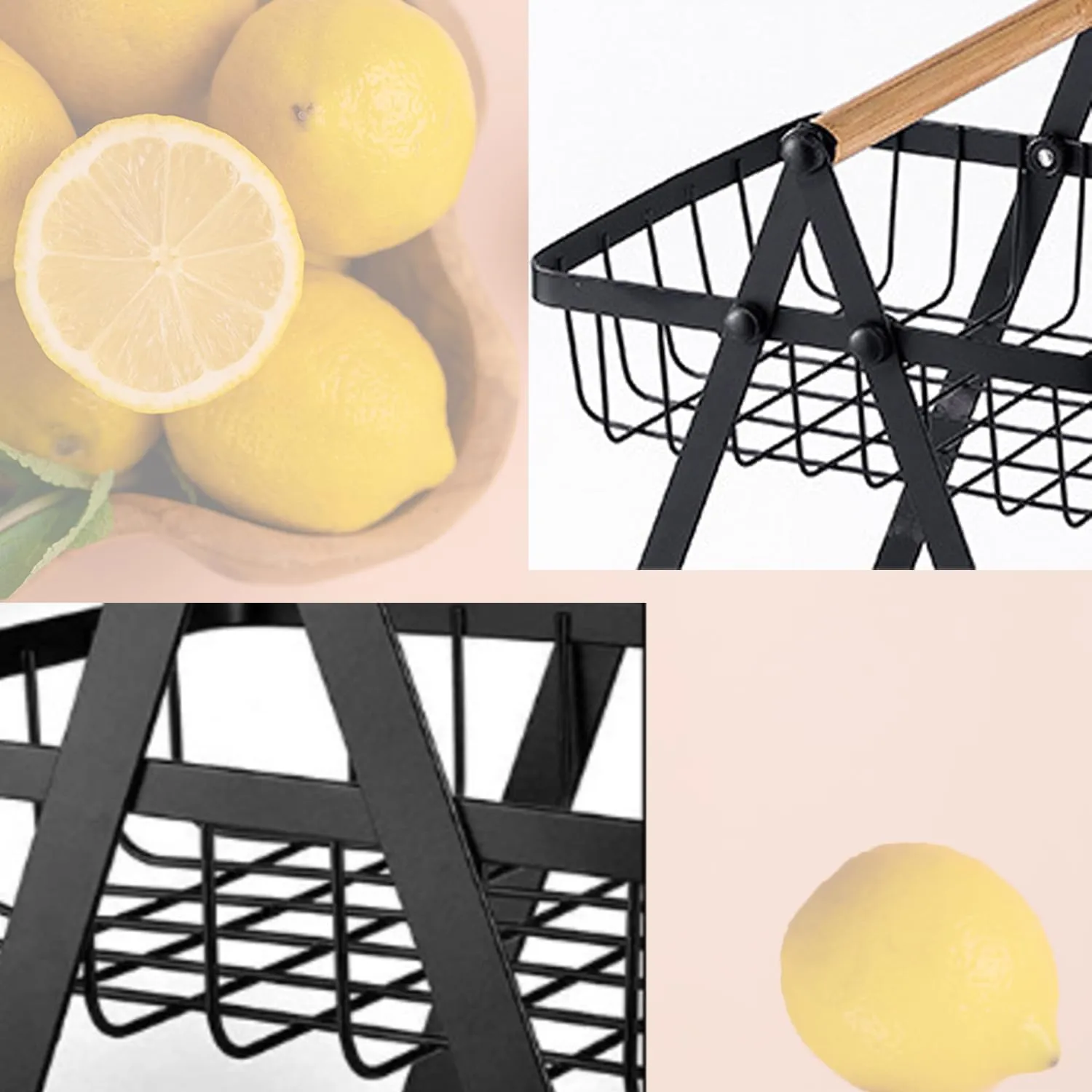 Portable 3-Tier Home Storage Basket Rack With Wooden Handle - Black