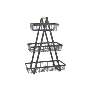 Portable 3-Tier Home Storage Basket Rack With Wooden Handle - Black