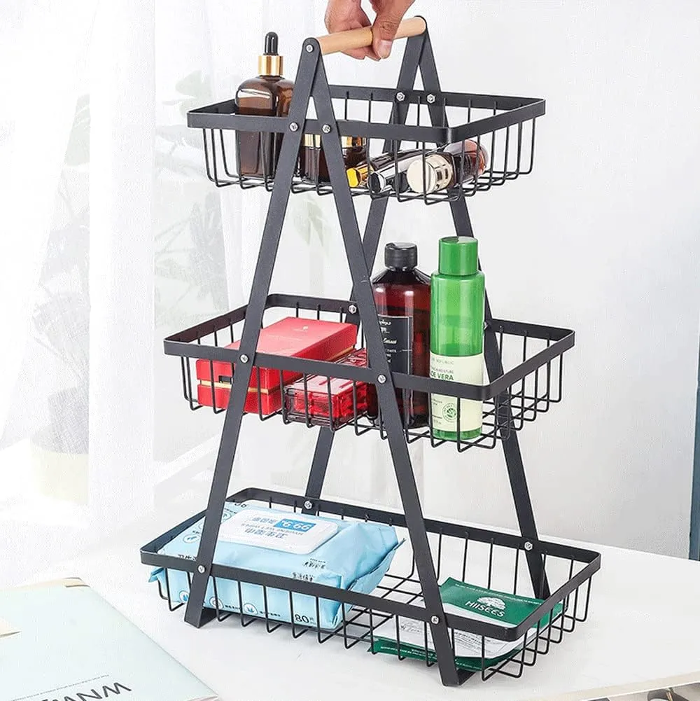 Portable 3-Tier Home Storage Basket Rack With Wooden Handle - Black