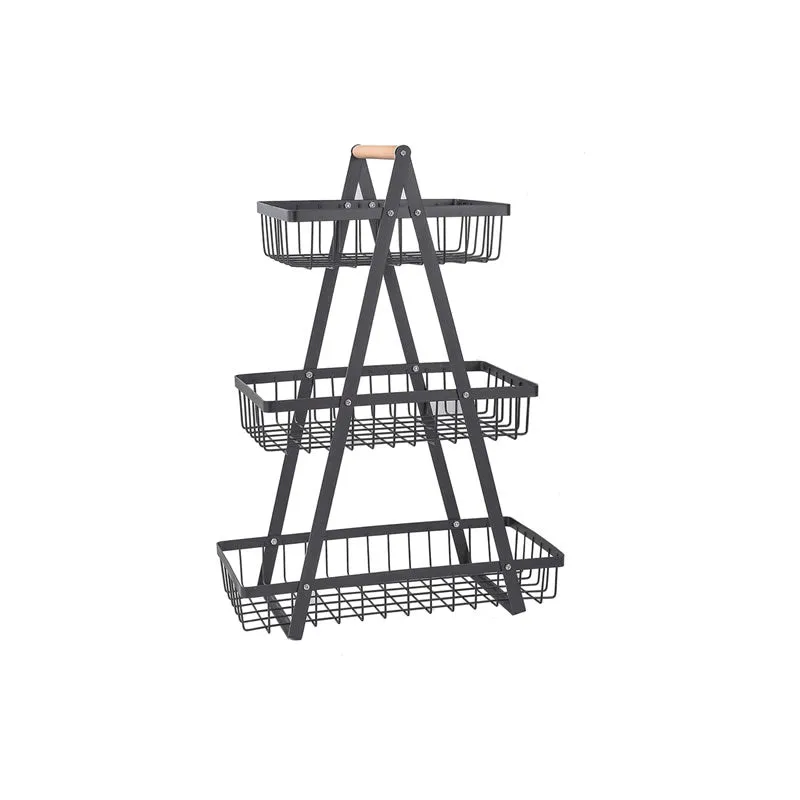 Portable 3-Tier Home Storage Basket Rack With Wooden Handle - Black
