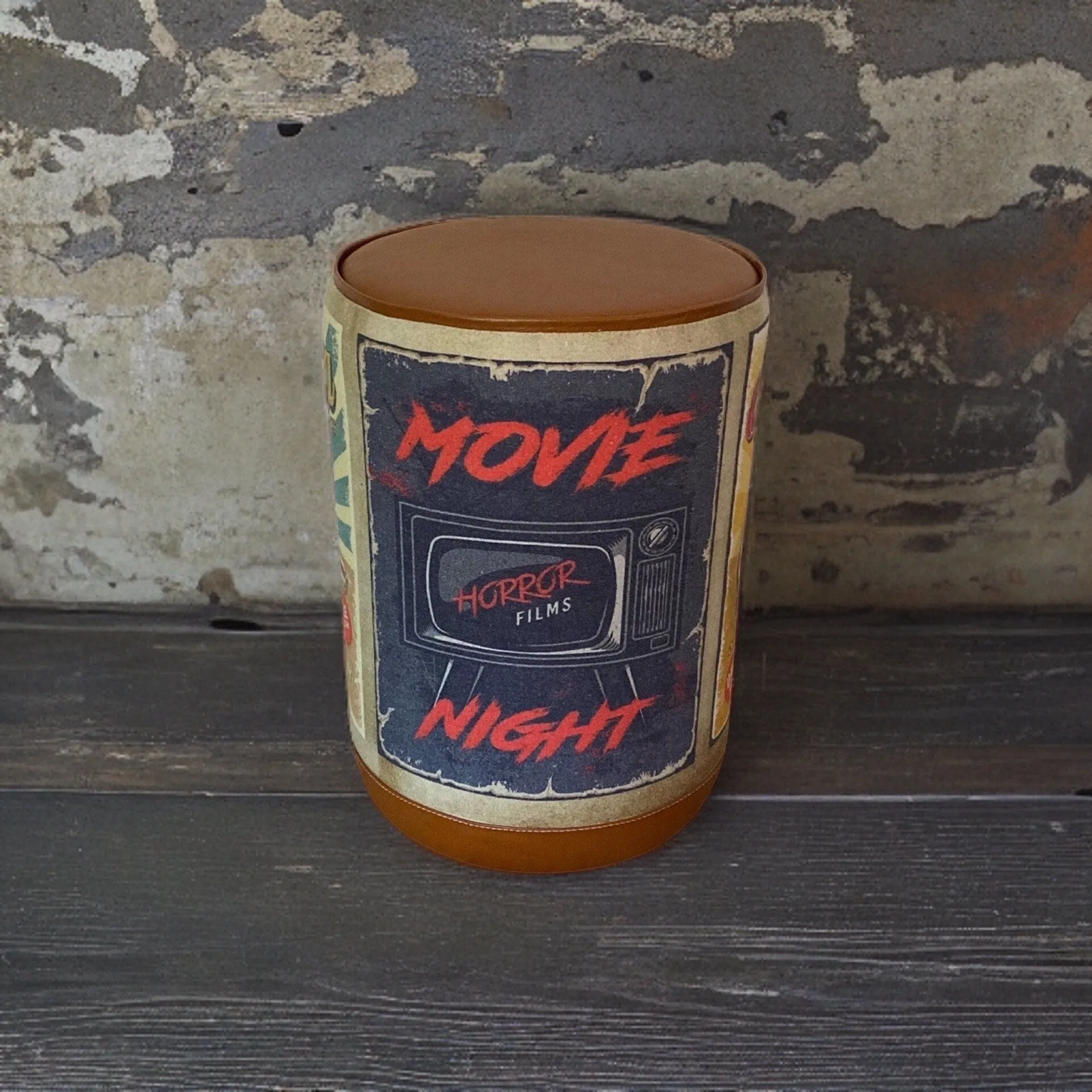 Pouffe ‘Movie Night’ Solid Base Genuine Leather Seat | Vintage Style | Floor Standing | Man Cave Foot Stool