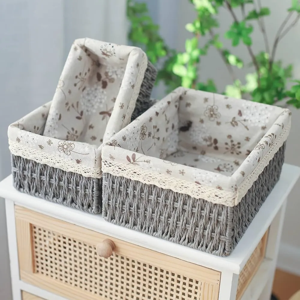 Rectangular Cloth Covered Braided Basket | Vanity Basket | Set of 3