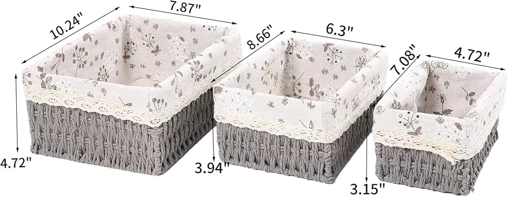 Rectangular Cloth Covered Braided Basket | Vanity Basket | Set of 3