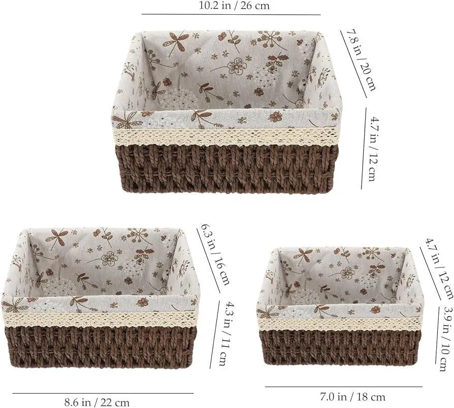 Rectangular Cloth Covered Braided Basket | Vanity Basket | Set of 3