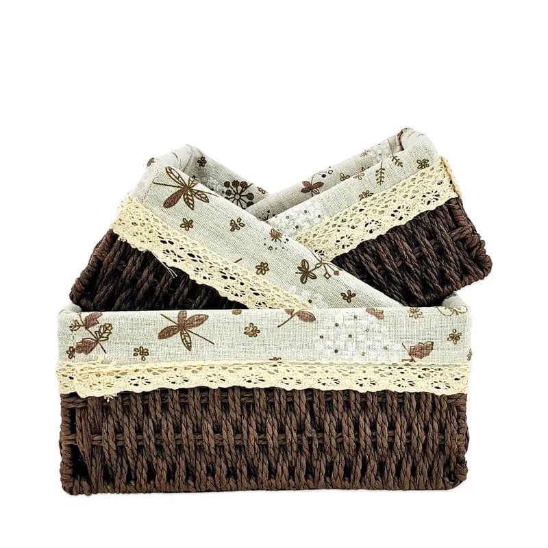 Rectangular Cloth Covered Braided Basket | Vanity Basket | Set of 3
