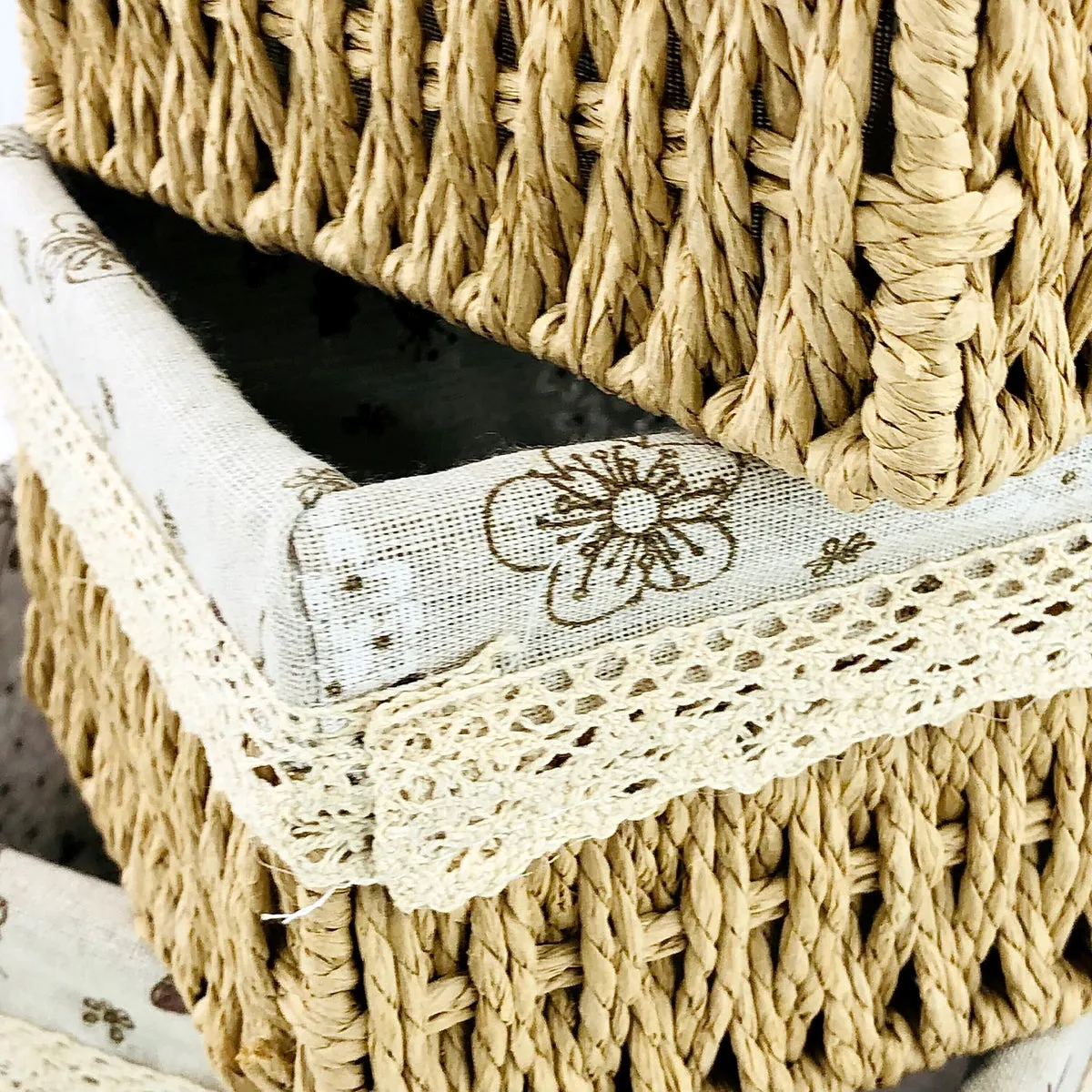 Rectangular Cloth Covered Braided Basket | Vanity Basket | Set of 3