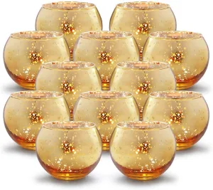 Round Gold Votive Candle Holders - Mercury Glass Tealight Set of 12
