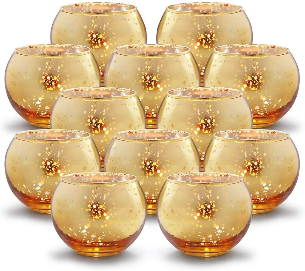 Round Gold Votive Candle Holders - Mercury Glass Tealight Set of 12