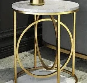 Rounded Side Table in Lavish Golden with a Premium white Marble (Iron )