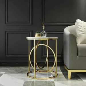 Rounded Side Table in Lavish Golden with a Premium white Marble (Iron )