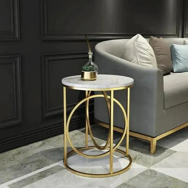 Rounded Side Table in Lavish Golden with a Premium white Marble (Iron )