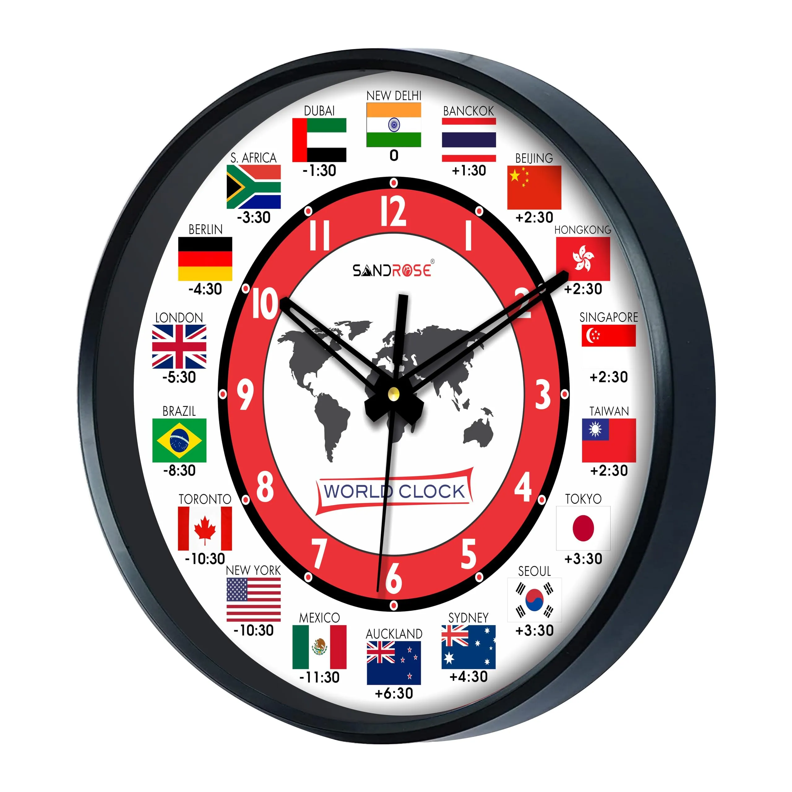 SANDROSE Designer Plastic Analogue Round World Wall Clock with Glass for Home, Kitchen, Living Room, Bed Room, Office (Multicolour, 24 cm x 24 cm x 3.4 cm)