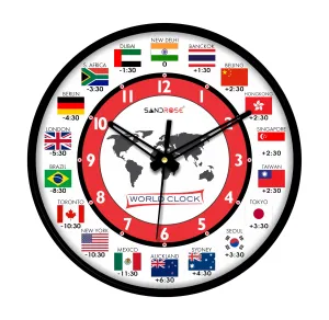 SANDROSE Designer Plastic Analogue Round World Wall Clock with Glass for Home, Kitchen, Living Room, Bed Room, Office (Multicolour, 24 cm x 24 cm x 3.4 cm)