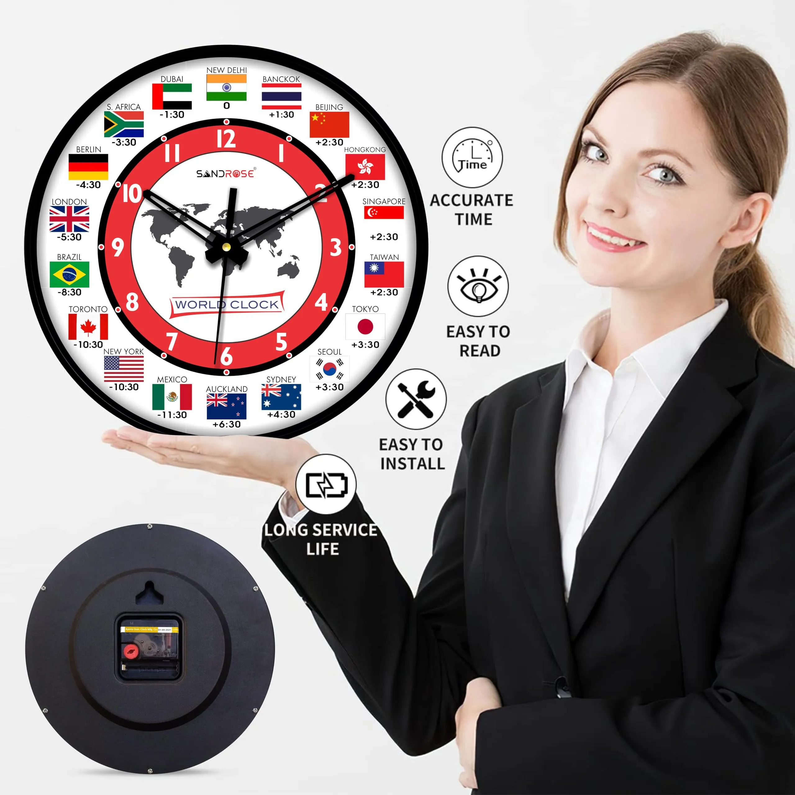 SANDROSE Designer Plastic Analogue Round World Wall Clock with Glass for Home, Kitchen, Living Room, Bed Room, Office (Multicolour, 24 cm x 24 cm x 3.4 cm)