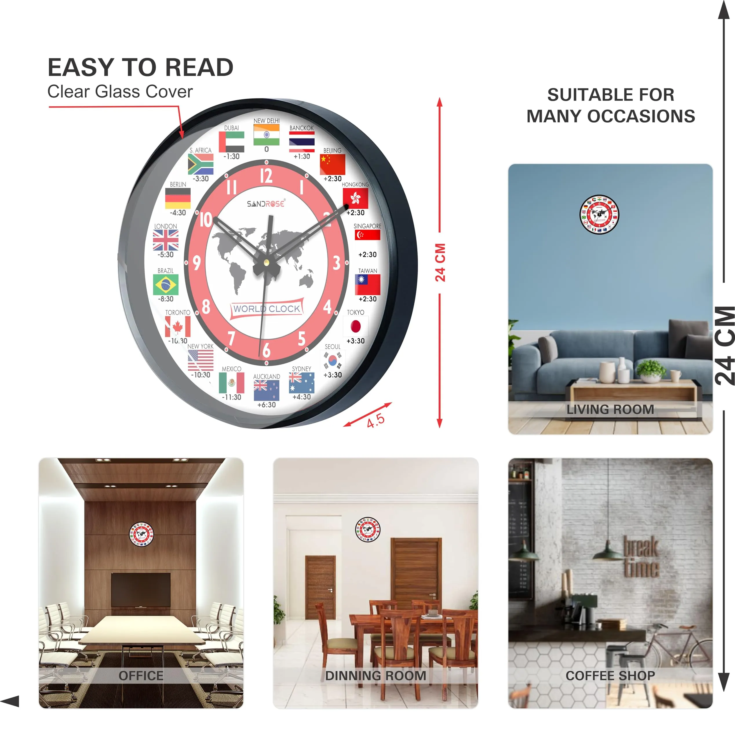 SANDROSE Designer Plastic Analogue Round World Wall Clock with Glass for Home, Kitchen, Living Room, Bed Room, Office (Multicolour, 24 cm x 24 cm x 3.4 cm)