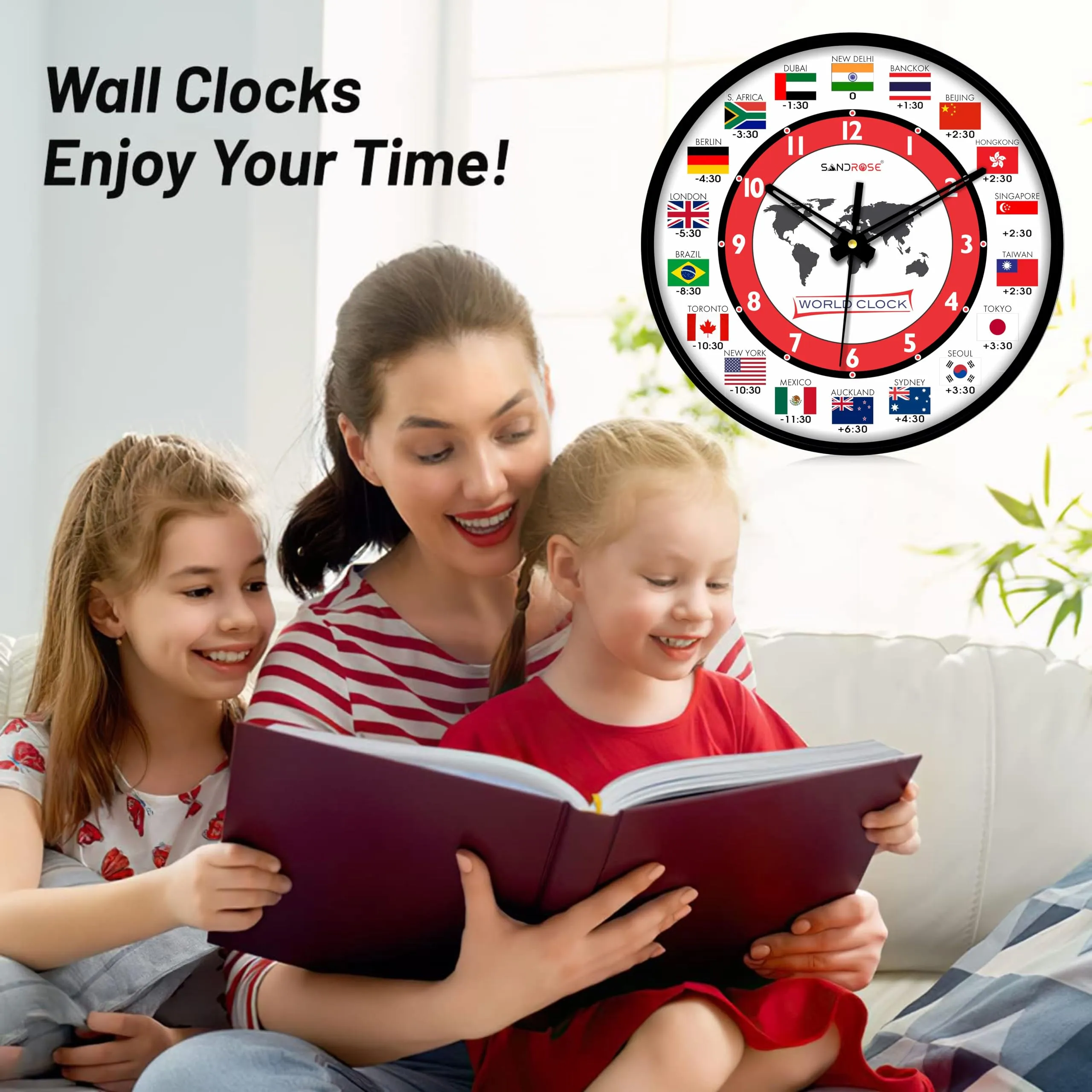 SANDROSE Designer Plastic Analogue Round World Wall Clock with Glass for Home, Kitchen, Living Room, Bed Room, Office (Multicolour, 24 cm x 24 cm x 3.4 cm)