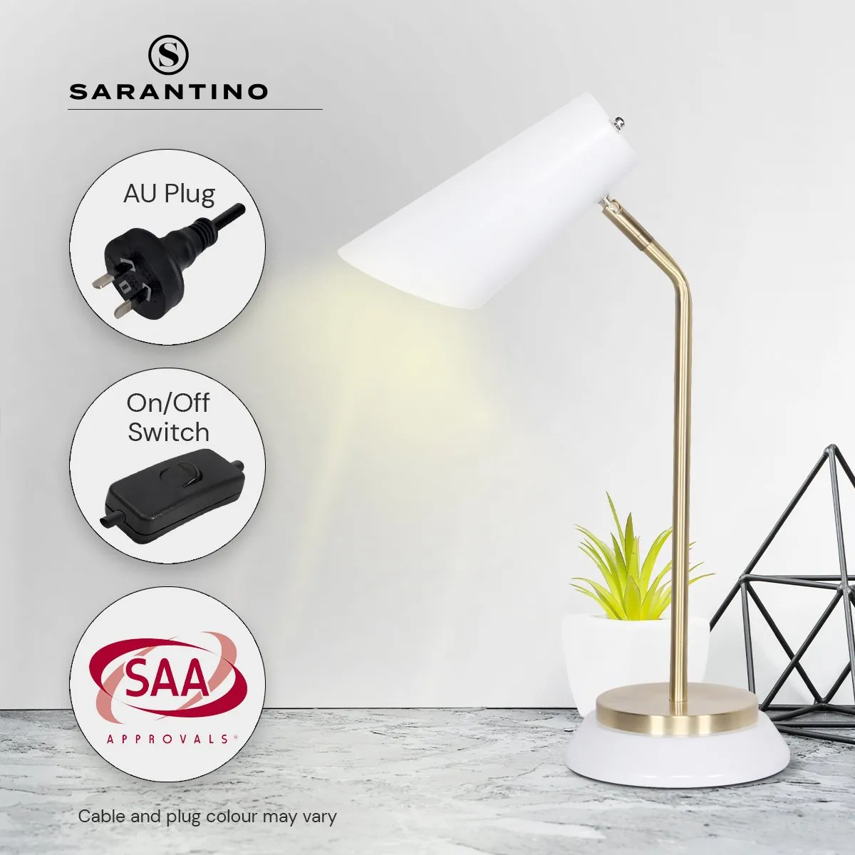 Sarantino Task Desk or Table Lamp (White/Brass)