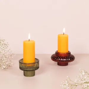 Set of 2 Glass Candleholder in Brown & Olive Green