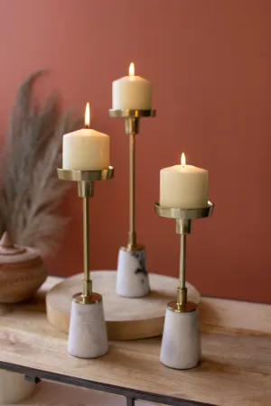 Set Of Three Brass Taper Candle Holders With Marble Bases