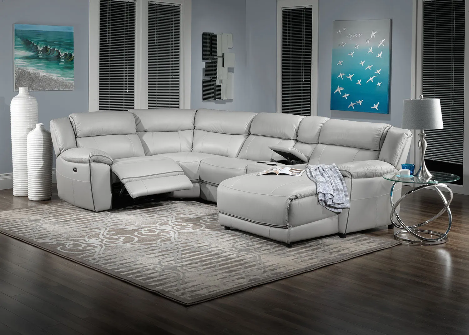 Southminster 5-Piece Leather Sectional with Right-Facing Chaise - Grey