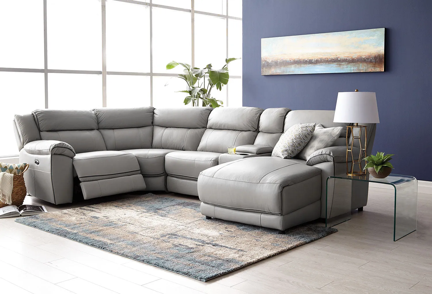 Southminster 5-Piece Leather Sectional with Right-Facing Chaise - Grey