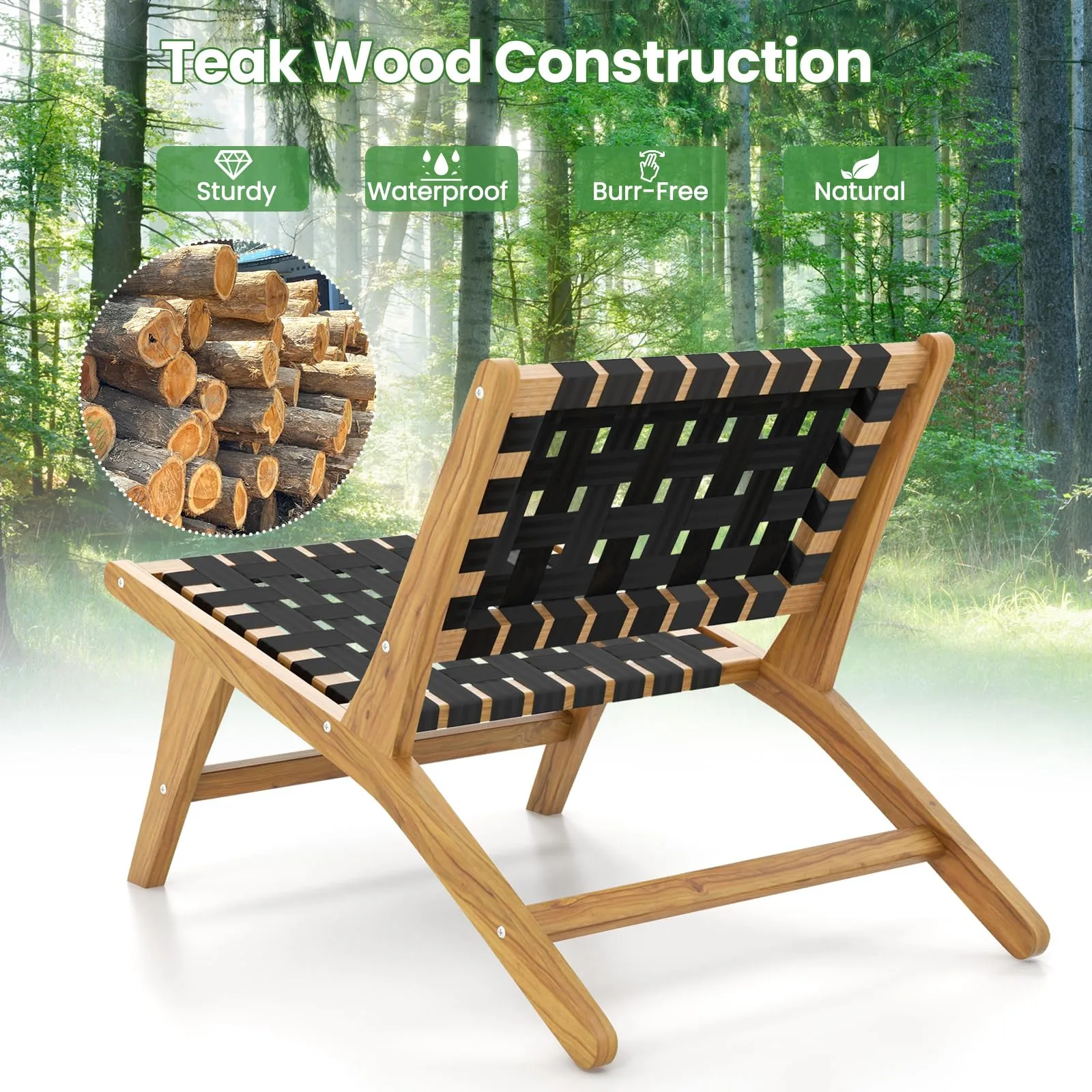 Tangkula Teak Wooden Chair, Mid Century Modern Accent Chair with Woven Webbing Seat & Backrest