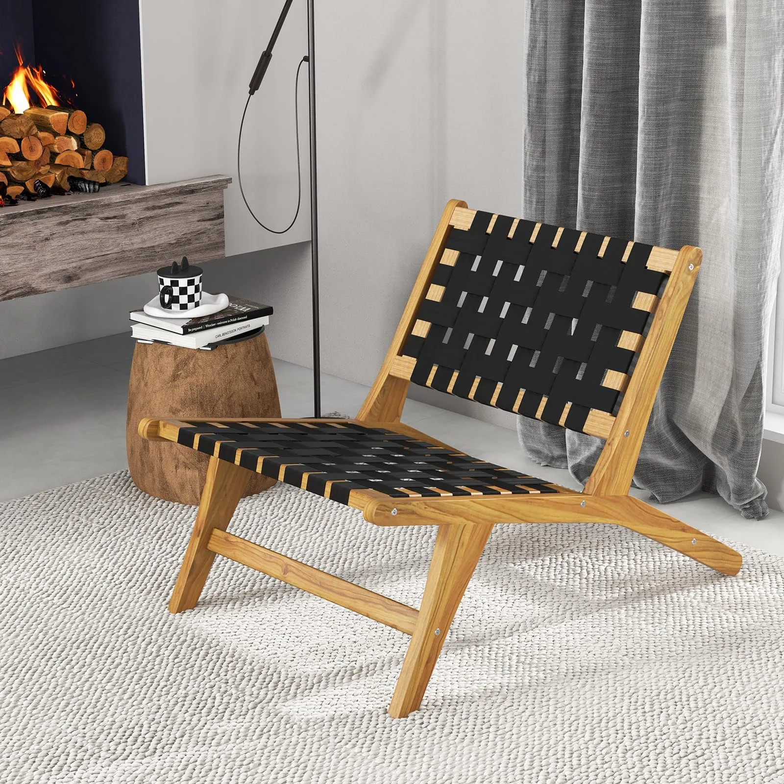 Tangkula Teak Wooden Chair, Mid Century Modern Accent Chair with Woven Webbing Seat & Backrest