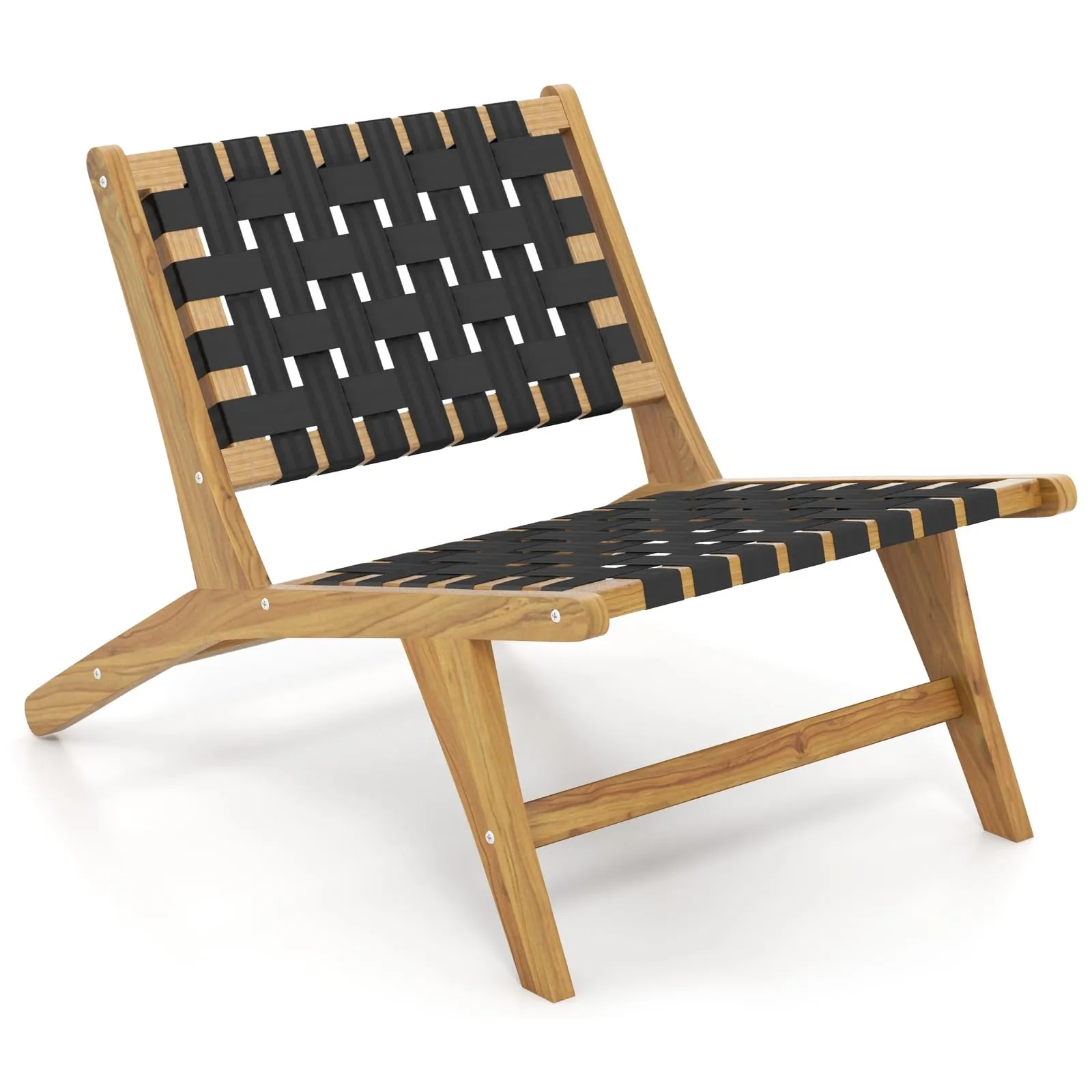 Tangkula Teak Wooden Chair, Mid Century Modern Accent Chair with Woven Webbing Seat & Backrest
