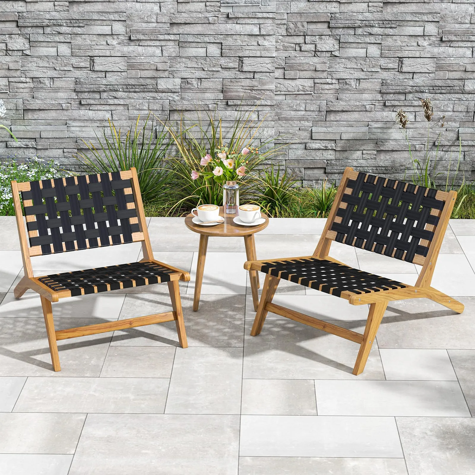 Tangkula Teak Wooden Chair, Mid Century Modern Accent Chair with Woven Webbing Seat & Backrest