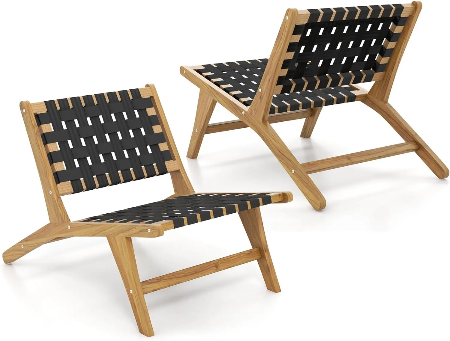 Tangkula Teak Wooden Chair, Mid Century Modern Accent Chair with Woven Webbing Seat & Backrest