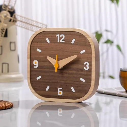 THE STYLE SUTRA® Wood Small Analog Table Clock 5.2x5.2x1inch Square for NightStand Decorative