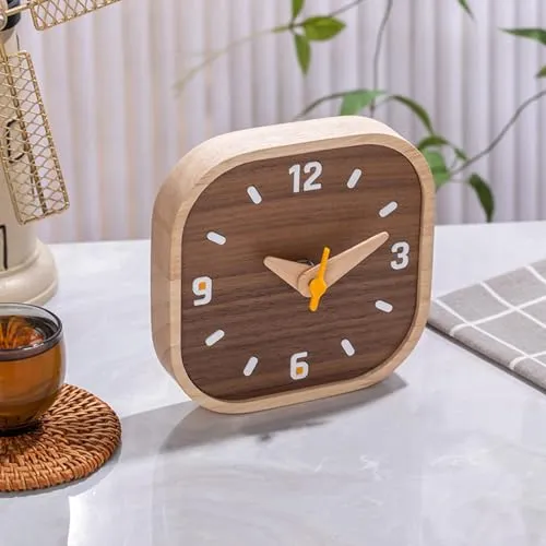 THE STYLE SUTRA® Wood Small Analog Table Clock 5.2x5.2x1inch Square for NightStand Decorative