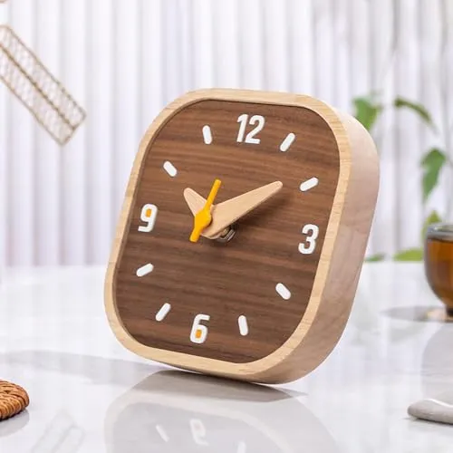 THE STYLE SUTRA® Wood Small Analog Table Clock 5.2x5.2x1inch Square for NightStand Decorative