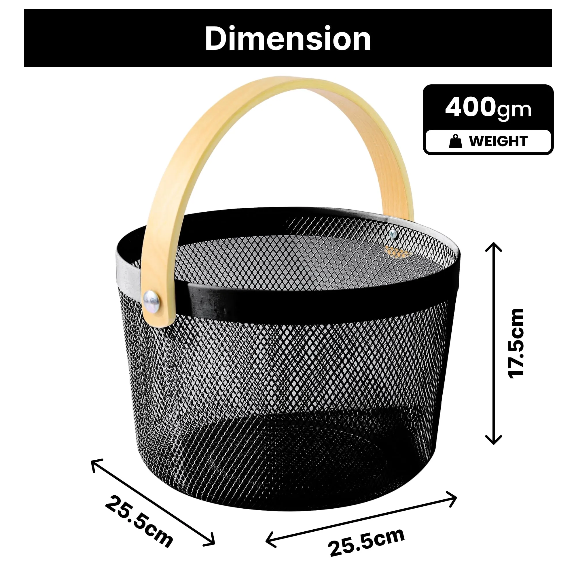 UMAI Metal Mesh Basket for Storage with wooden handle | 400 Gm | Fruit Basket and Vegetable Basket for Kitchen | Baskets for Organizing Home | Multipurpose | Black