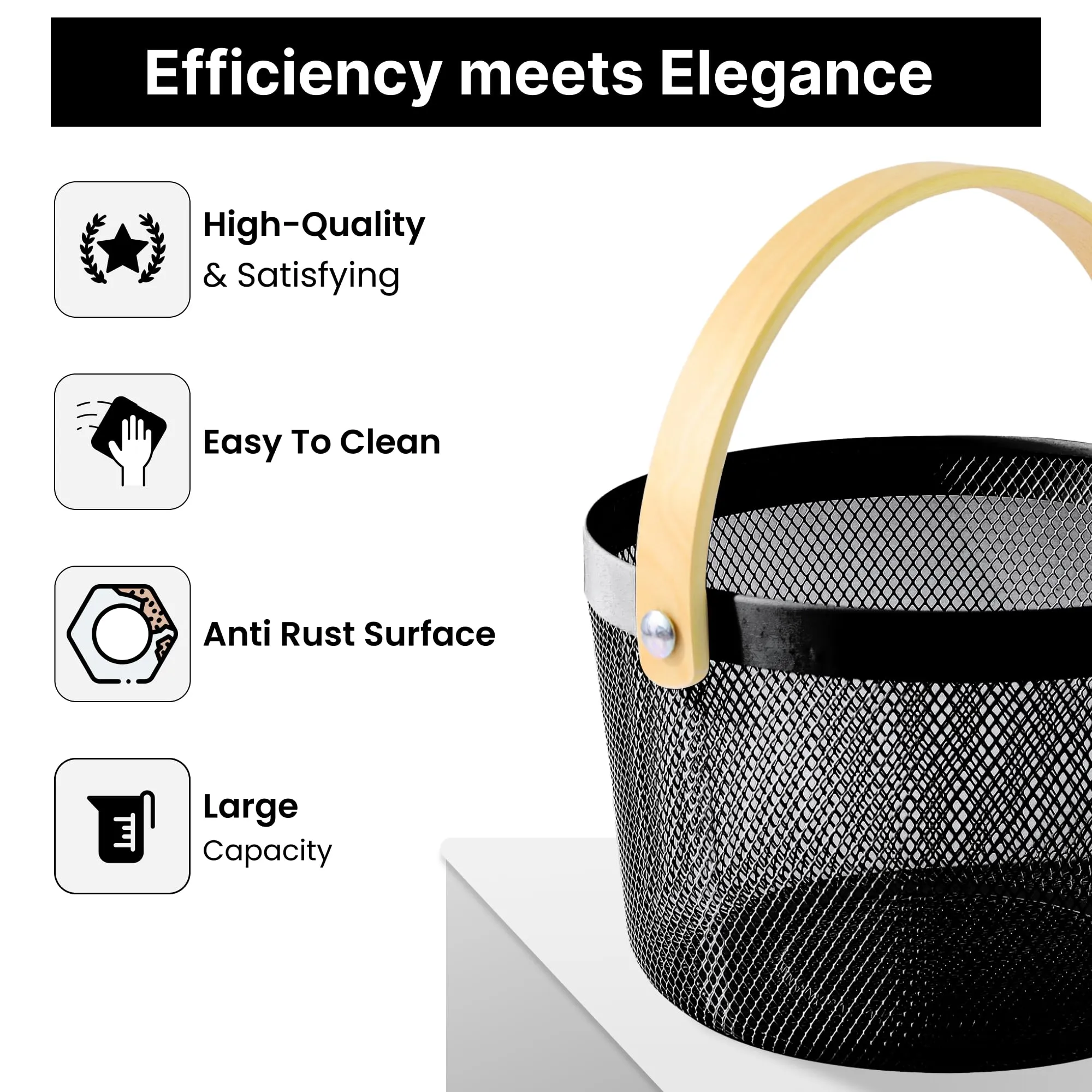UMAI Metal Mesh Basket for Storage with wooden handle | 400 Gm | Fruit Basket and Vegetable Basket for Kitchen | Baskets for Organizing Home | Multipurpose | Black