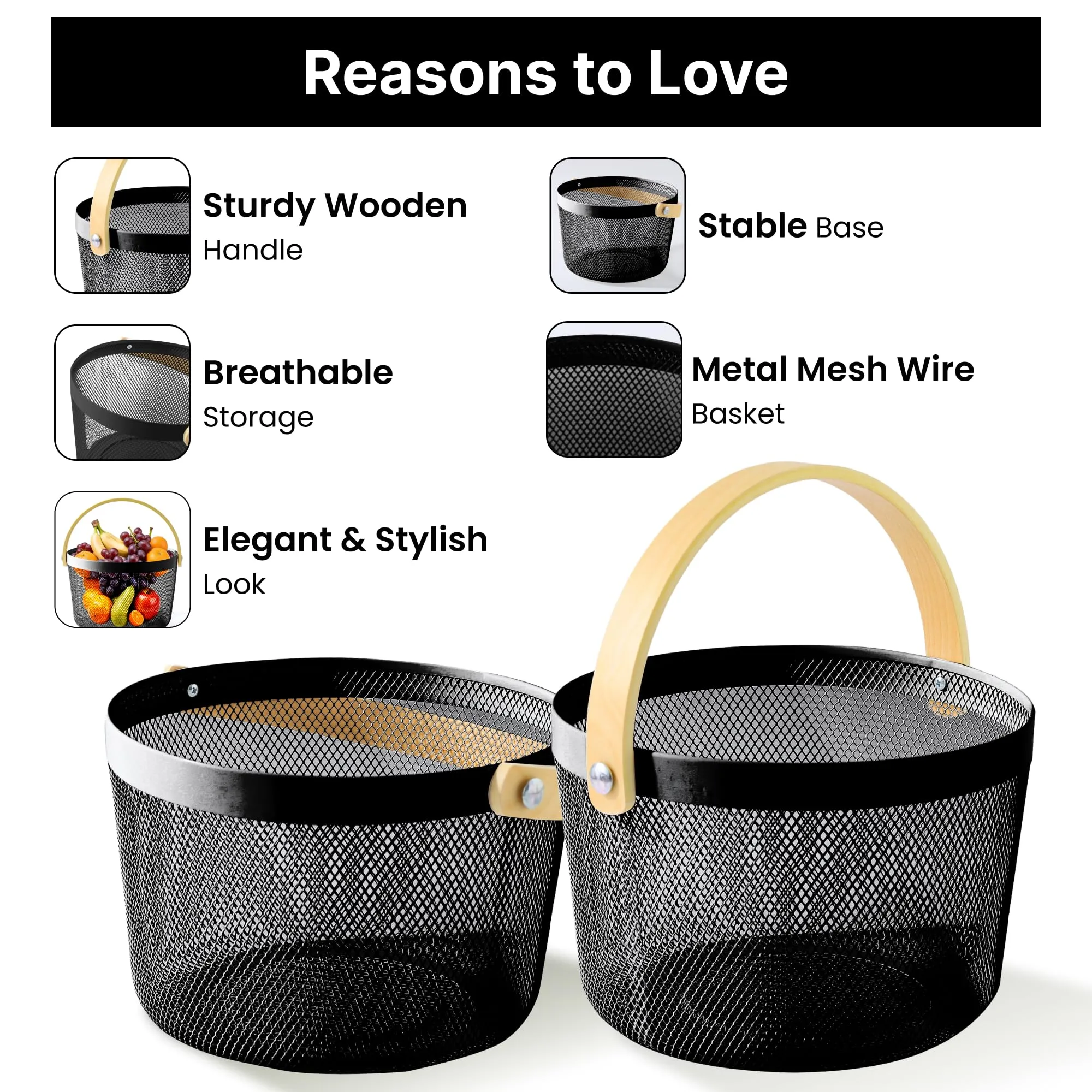 UMAI Metal Mesh Basket for Storage with wooden handle | 400 Gm | Fruit Basket and Vegetable Basket for Kitchen | Baskets for Organizing Home | Multipurpose | Black