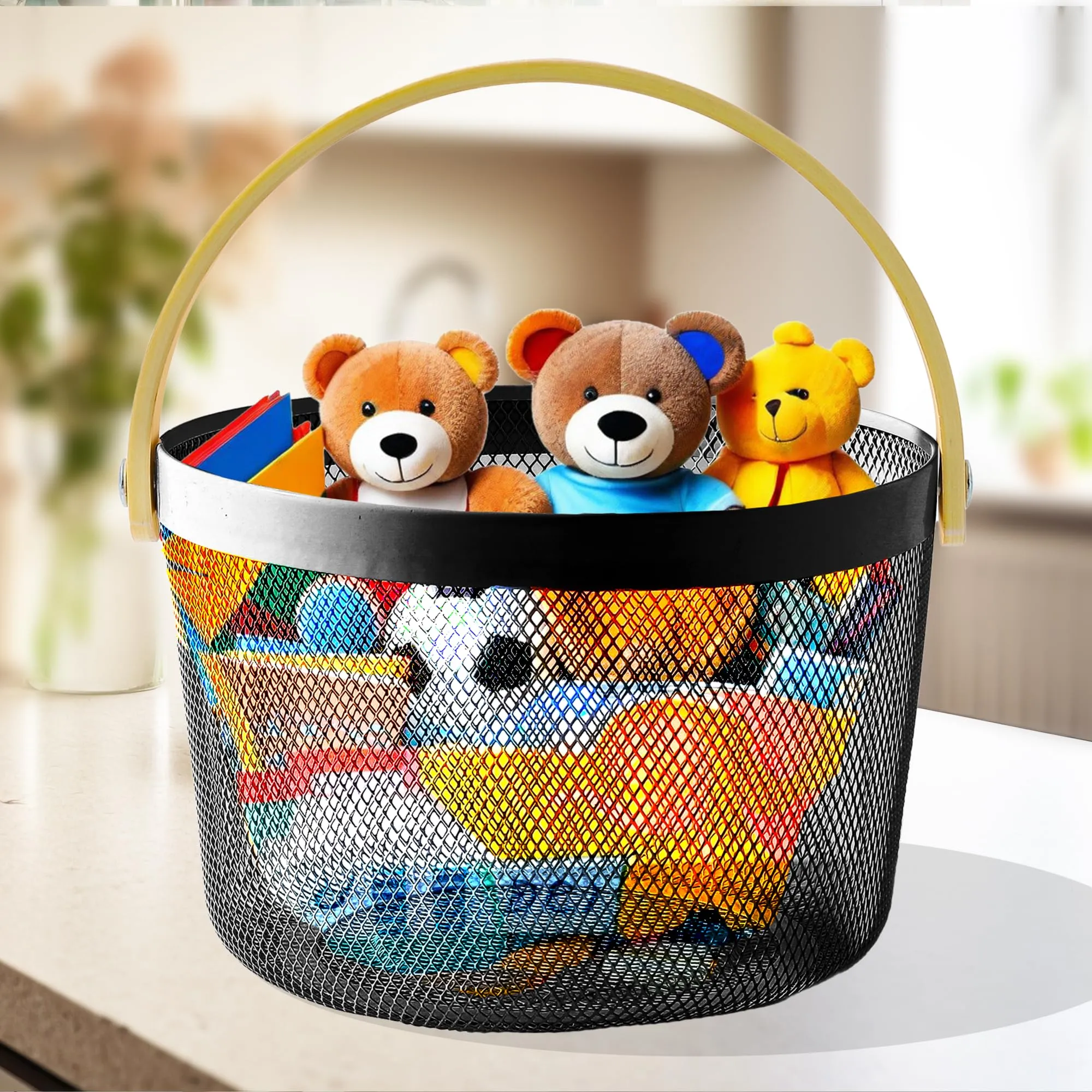 UMAI Metal Mesh Basket for Storage with wooden handle | 400 Gm | Fruit Basket and Vegetable Basket for Kitchen | Baskets for Organizing Home | Multipurpose | Black