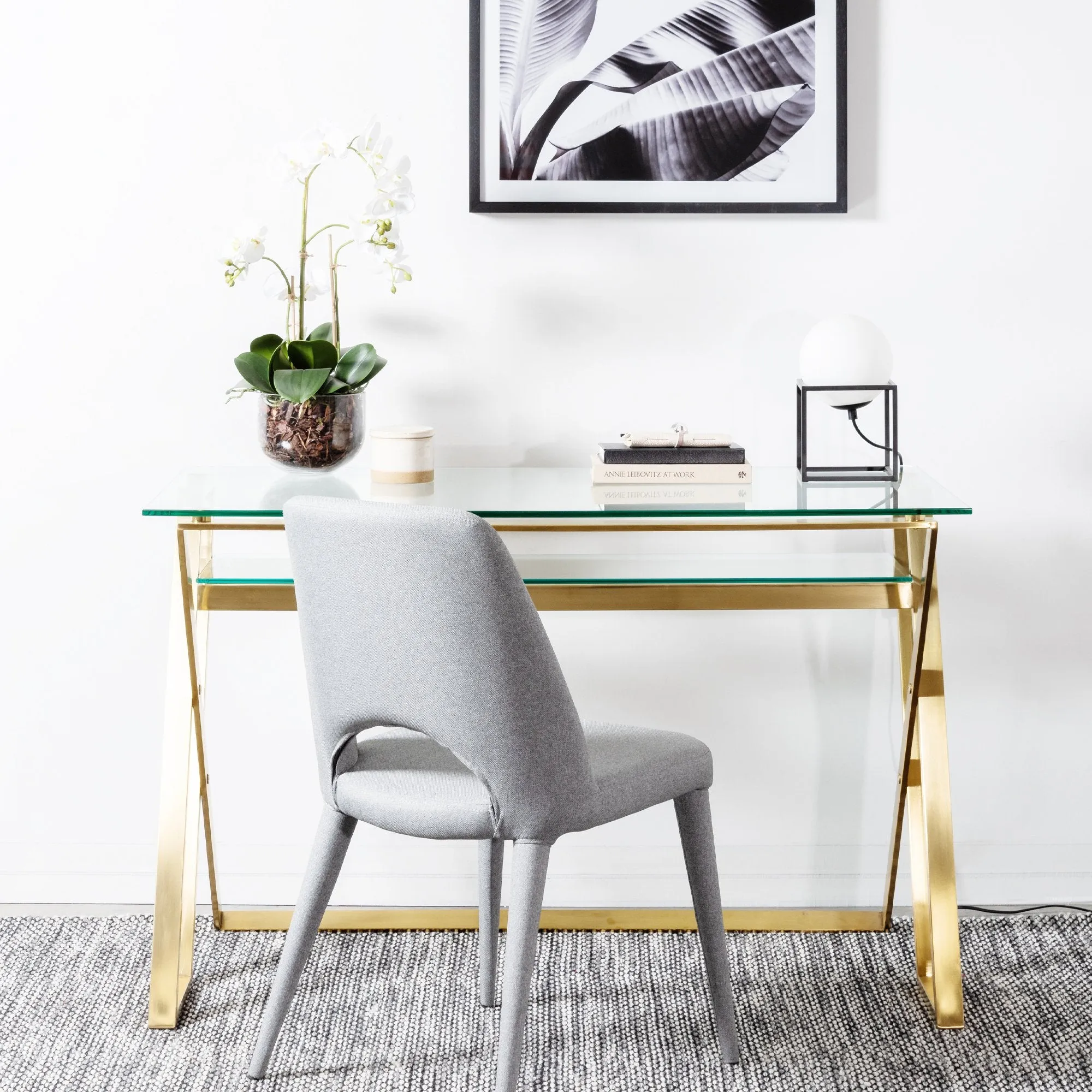 Vanessa 120cm Glass Home Office Desk - Brushed Gold Base