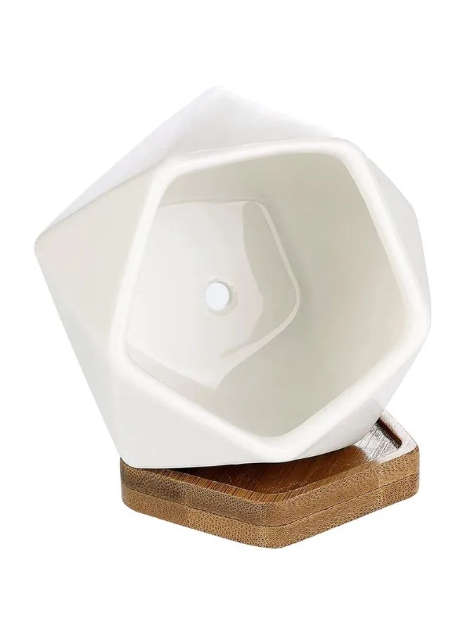 White Succulent Plant Pot With Bamboo Tray and Drainage Hole for Desk, Home Garden (Plant Not Included)