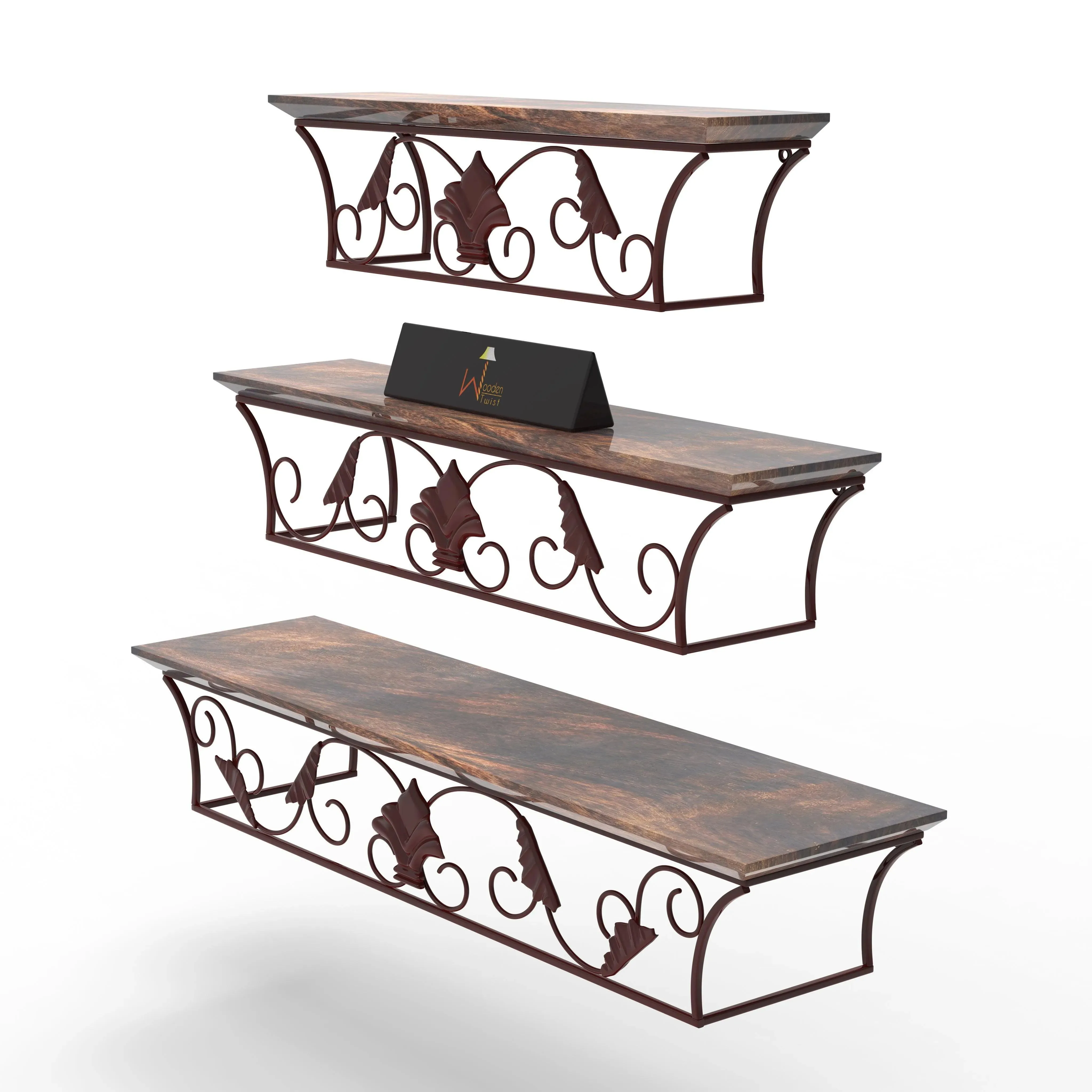 Wooden & Iron Hermosa Floating Wall Shelves Set of 3