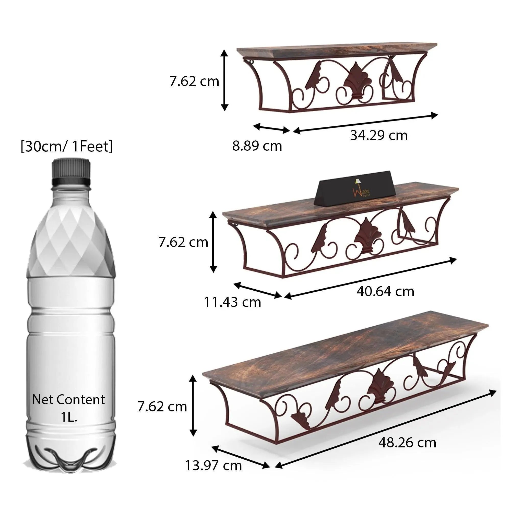 Wooden & Iron Hermosa Floating Wall Shelves Set of 3