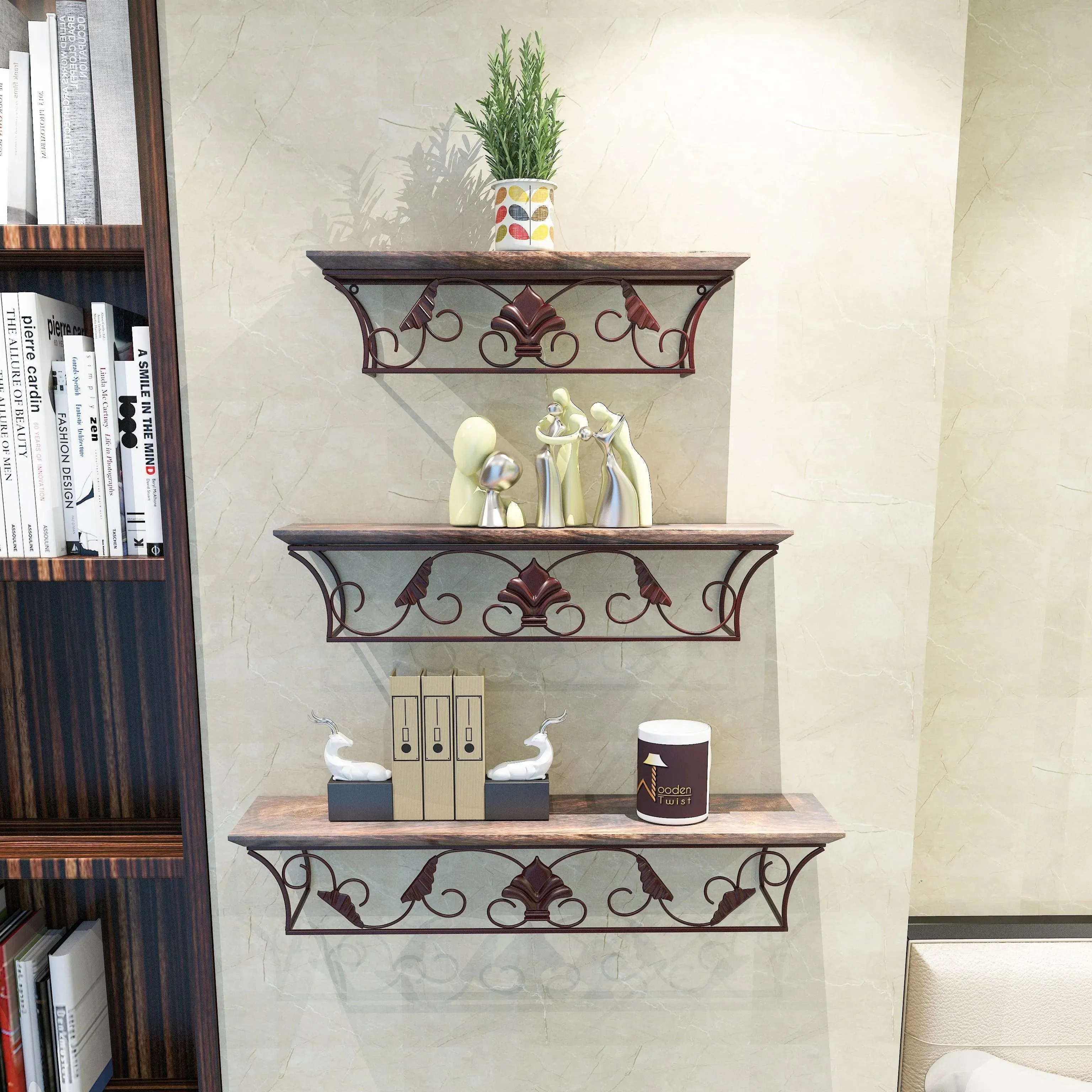 Wooden & Iron Hermosa Floating Wall Shelves Set of 3