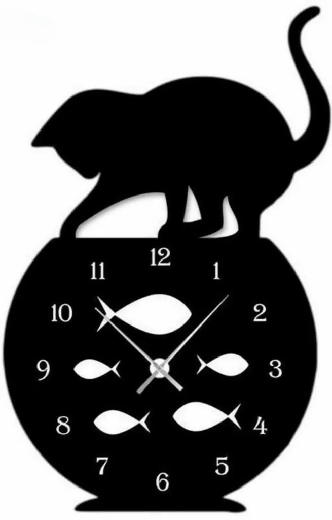 Wooden Cat And Fish Wall Clock